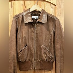 Calvin Klein Brown Real Leather Bomber Jacket